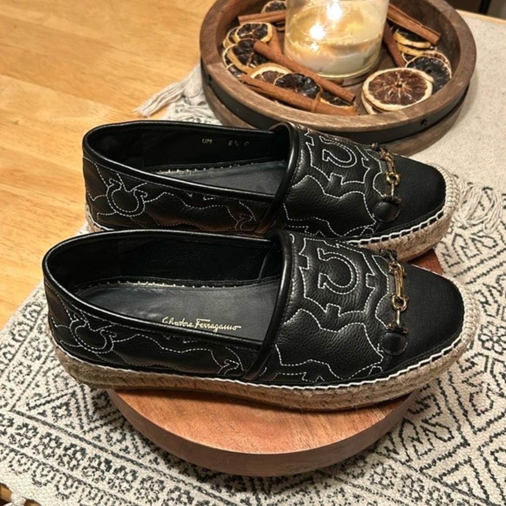 Salvador Ferragamo leather Kim Gal 
Gancini Logo-Embroidered Espadrilles 6.5